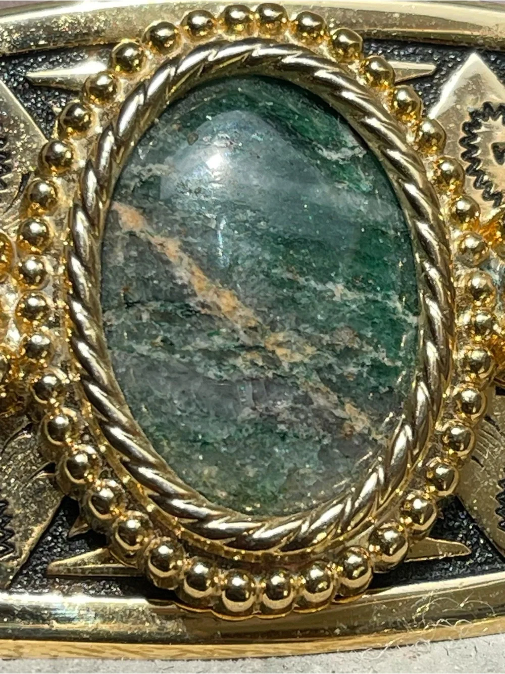 Vintage Aventurine Agate Cabochon Engraved Gold Tone Belt Buckle
